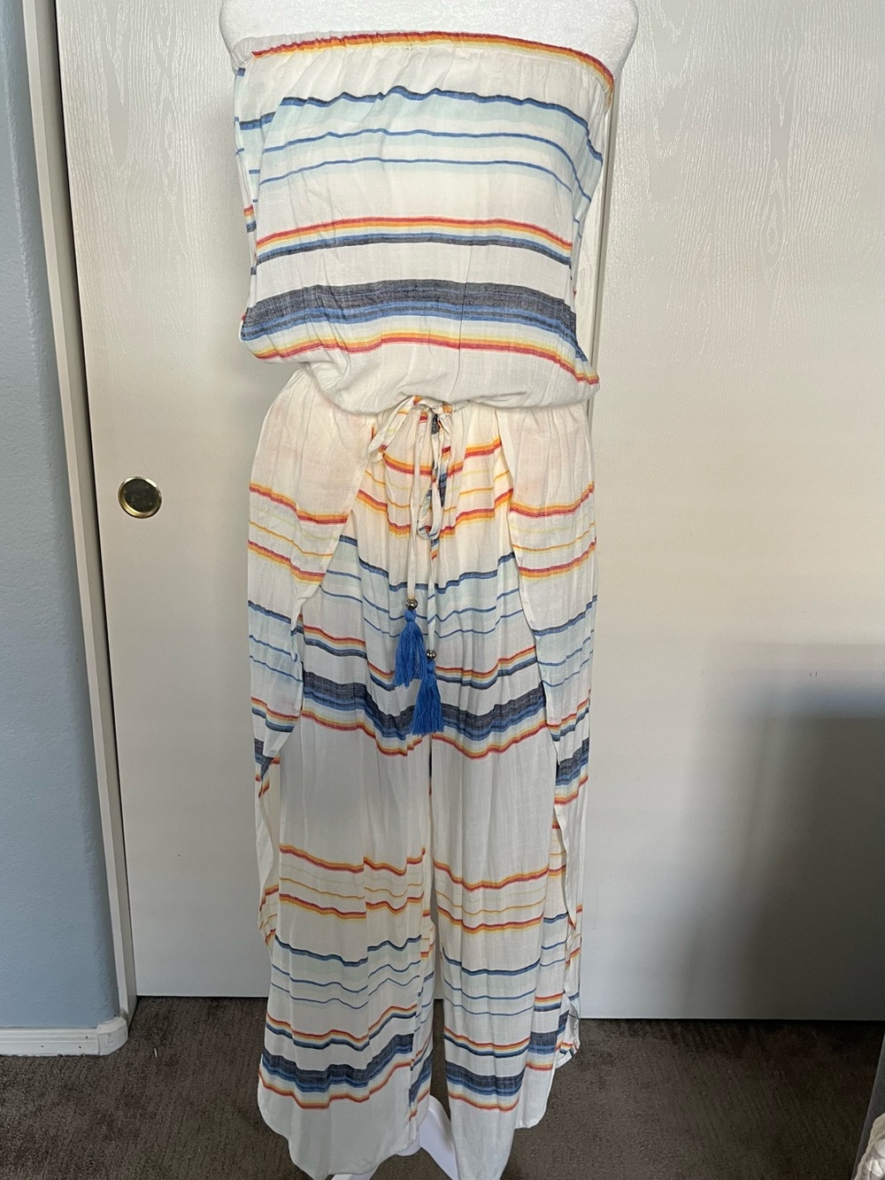 Striped Strapless White Coverup Jumpsuit with Blue & Orange Tassel Tie